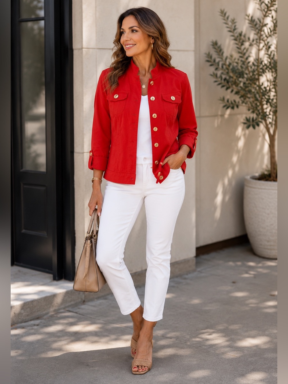 Jones New York Red Stretch Jacket Gold Buttons PS